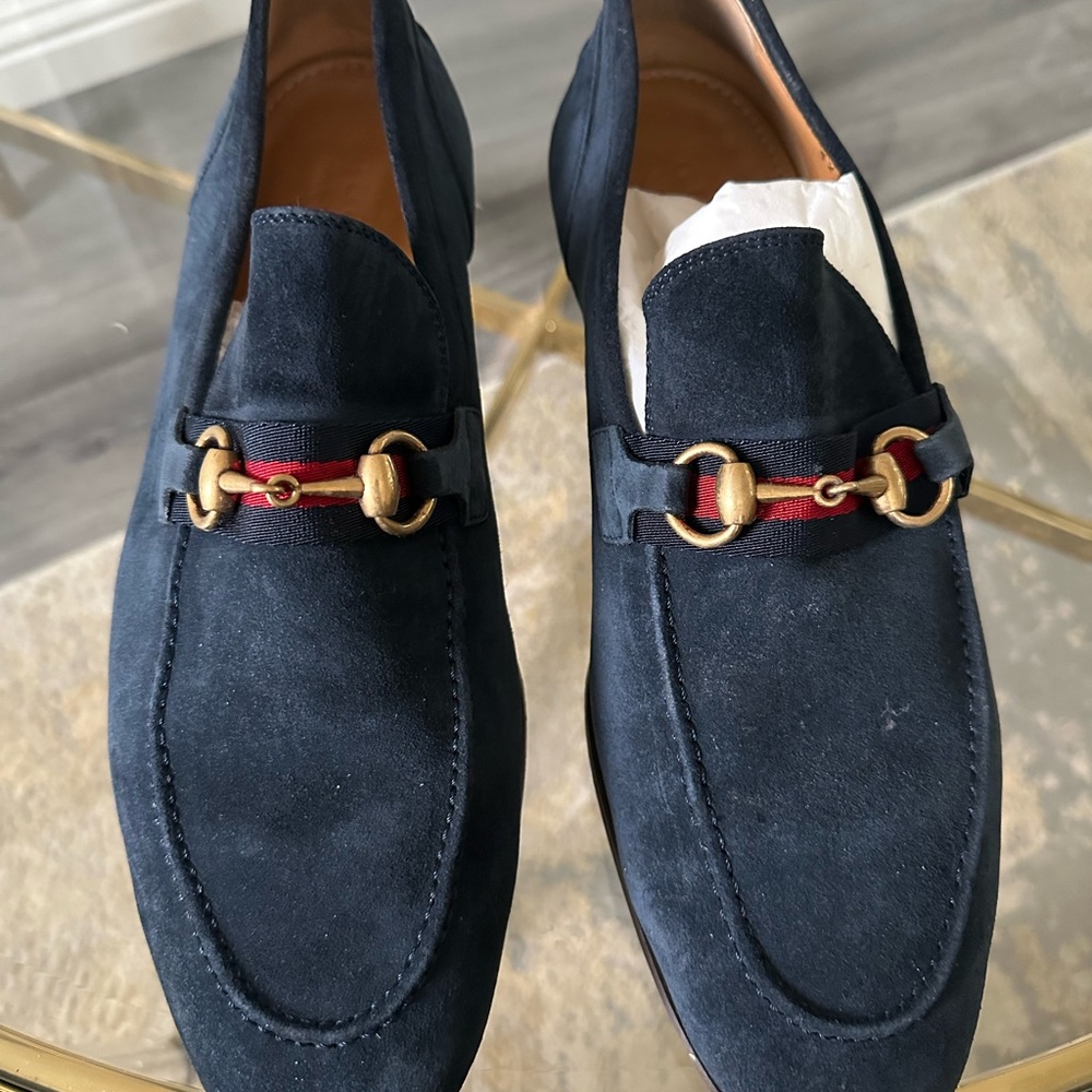 Gucci Blue and Gold Loafers with Horsebit Detail